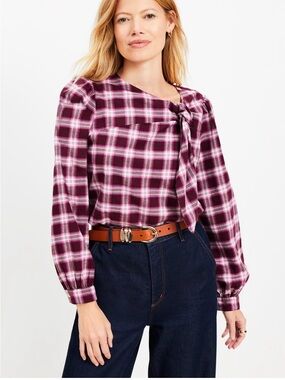 LOFT Plaid Flannel Knotted Blouse